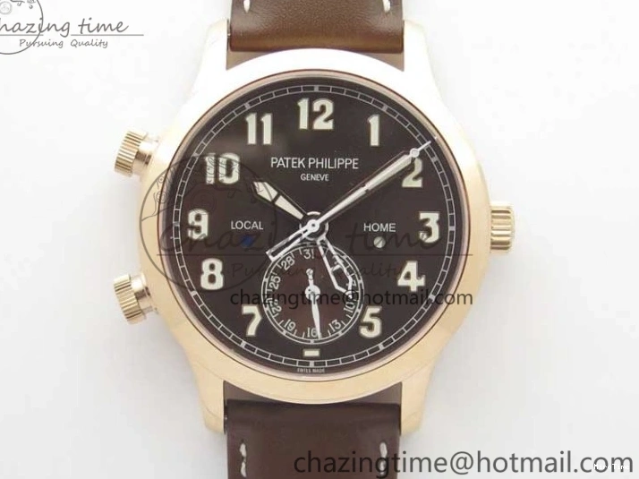 MIROTIME 0423 Calatrava 5524R Pilot Travel Time RG GRF Brown Dial on Brown Leather Strap MIYOTA TopPick 7155